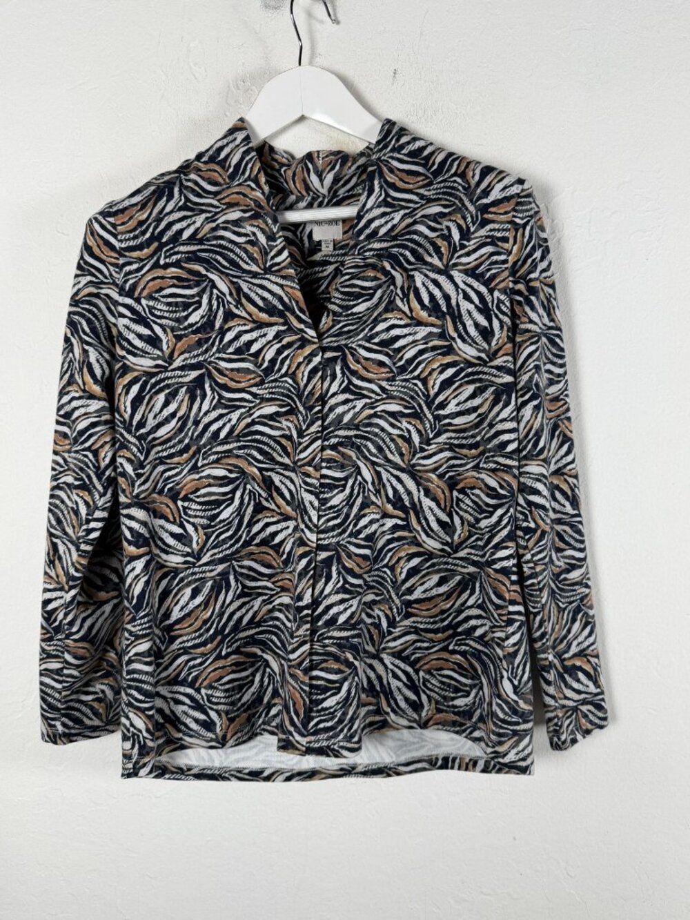 NIC+ZOE Womens Forest Fern Top Navy Blue Abstract Botanical Shirt Blouse Medium
